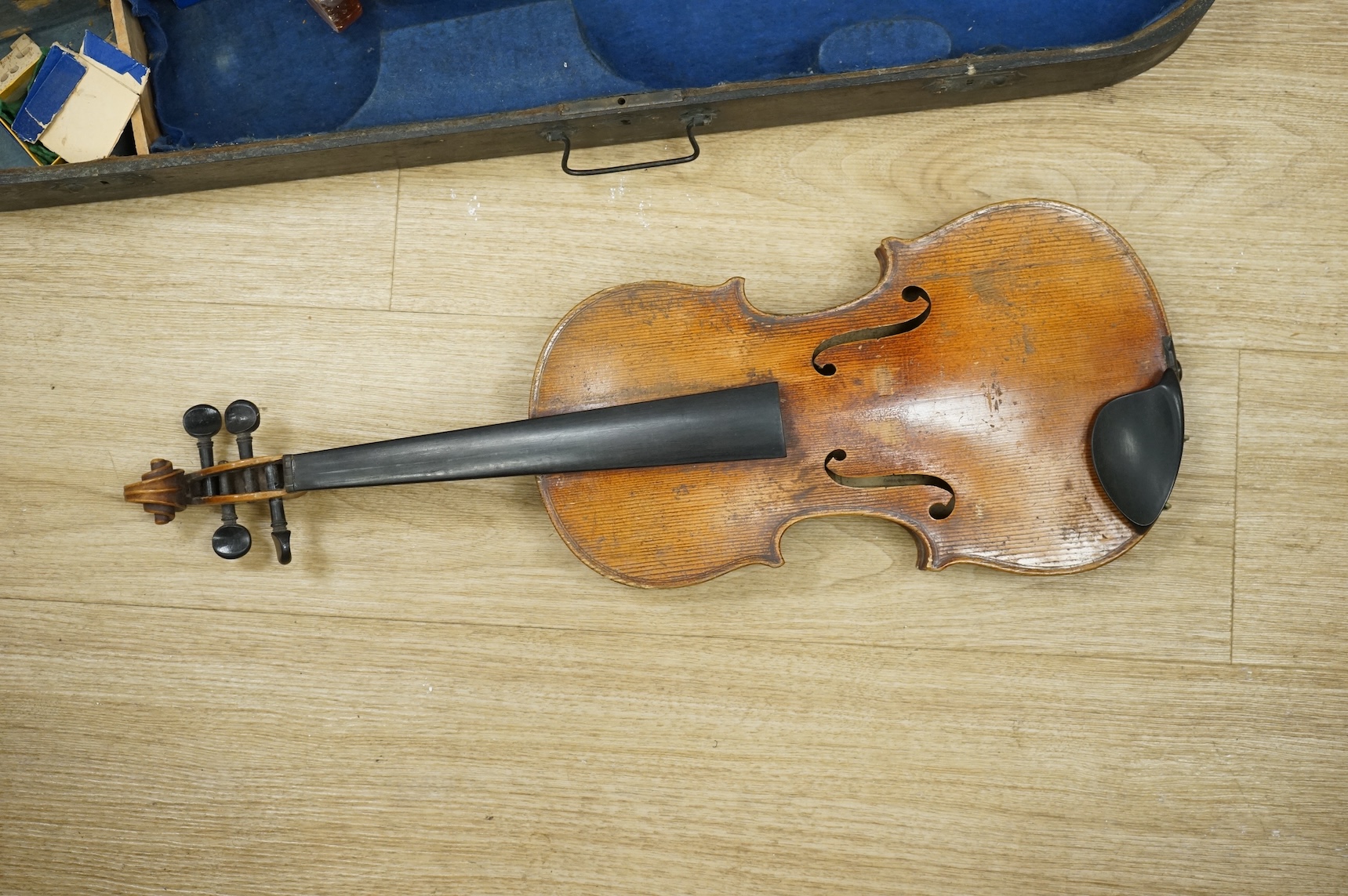 A late 19th century German violin (c.1880), with label reading ‘Georg Krywalski 1917’, in wood case.